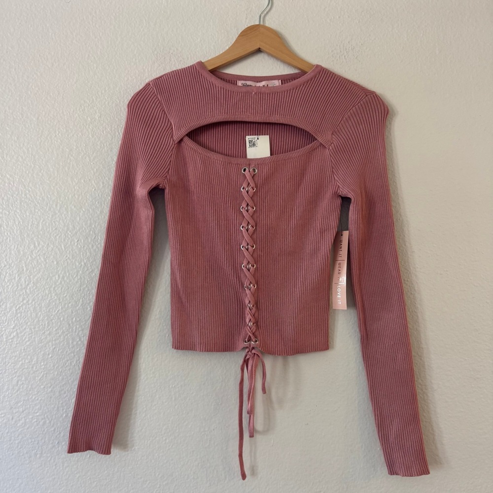 Crave Fame Ribbed Cutout Lace Up Long Sleeve Top Small Old Rose Pink New